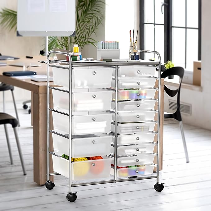 Simple Houseware Utility Cart with 15 Drawers Rolling Storage Art Craft Organizer, Chrome