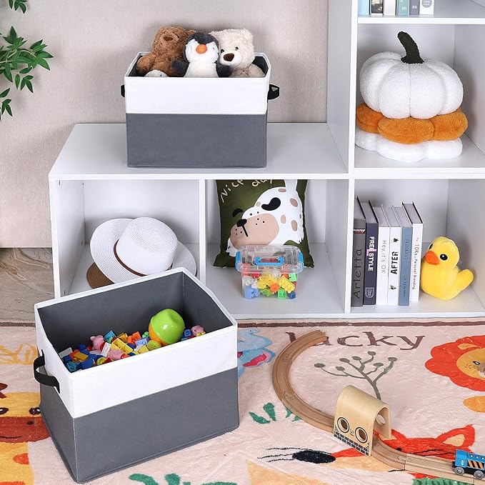 WUIKE Fabric Storage Bins, Extra Large Baskets for Organizing, Storage Bins for Shelves with Handles, Closet Organizer for Clothes, Gray & White, Extra Large, 3-Pack