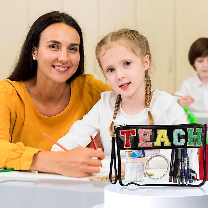 BuyCard Teacher Appreciation Gifts Clear Makeup Bag, Embroidered Chenille Letter Patches Cosmetic Bag, Zipper Pouch PVC Organizer, Portable Waterproof Toiletry Storage Bag for Women, Girls