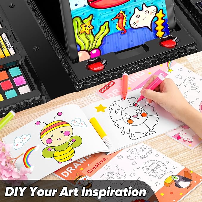 Soucolor Art Supplies, 283 Pieces Drawing Set Art Kits with Trifold Easel, 2 Drawing Pads, 1 Coloring Book, Crayons, Pastels, Arts and Crafts Gifts Case