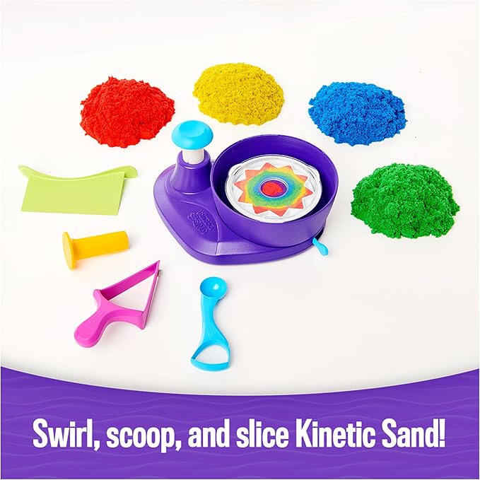 Kinetic Sand, Swirl N’ Surprise Playset with 2lbs of Play Sand, Including Red, Blue, Green, Yellow and 4 Tools, Sensory Toys for Kids Ages 3 and up