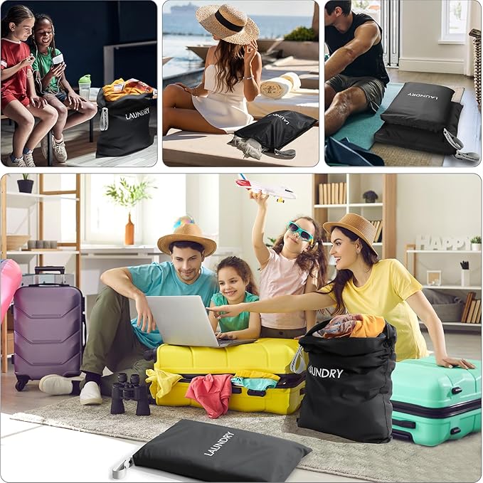 Travel Laundry Bag (2 Pcs - Large + Medium) - Foldable Waterproof Washable Wet Dry Bag for Gym, Swimming, Yoga, and Workout Perfect for Dirty Clothes, Bathing Suits, Travel Accessories Black