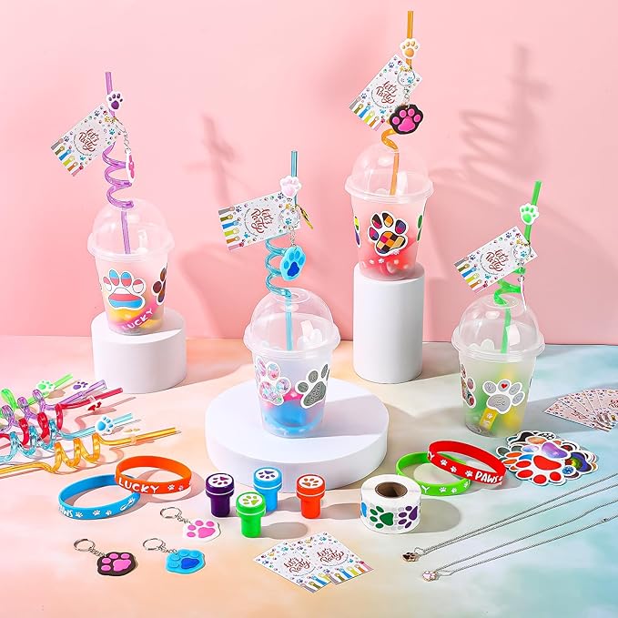Gejoy 178 Pcs Dog Paw Party Favors Set Includes Paw Straws Cups Silicone Bracelet Keychain Stamper Sticker Pendant Chain Thank You Tag for Boy Girl Dog Theme Party Supplies(Dog Paw)