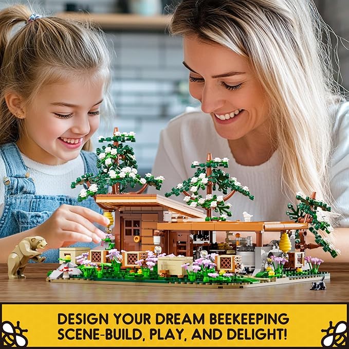 FUNWHOLE Bee-Farm Lighting Building-Bricks Set - Farm Bee Cottage Honey Workshop Collection LED Light Building Set 1274 Pcs for Adults and Teen