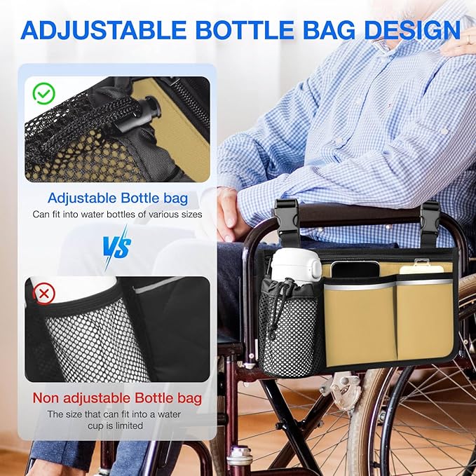 Wheelchair Bag, Walker Bag, Wheelchair Side Bag, Armrest Organizer Pouch with Cup Holder Attachment and Reflective Strip, Accessories for Most Wheelchairs, Walker, Rollators (Khaki)
