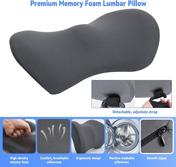 Lumbar Support Pillow for Office Chair and Car Seat, Lumbar Pillow with Adjustable Strap, Memory Foam Back Pillow for Lower Back Pain Relief, Back Support Pillow for Sitting, Driving, Traveling