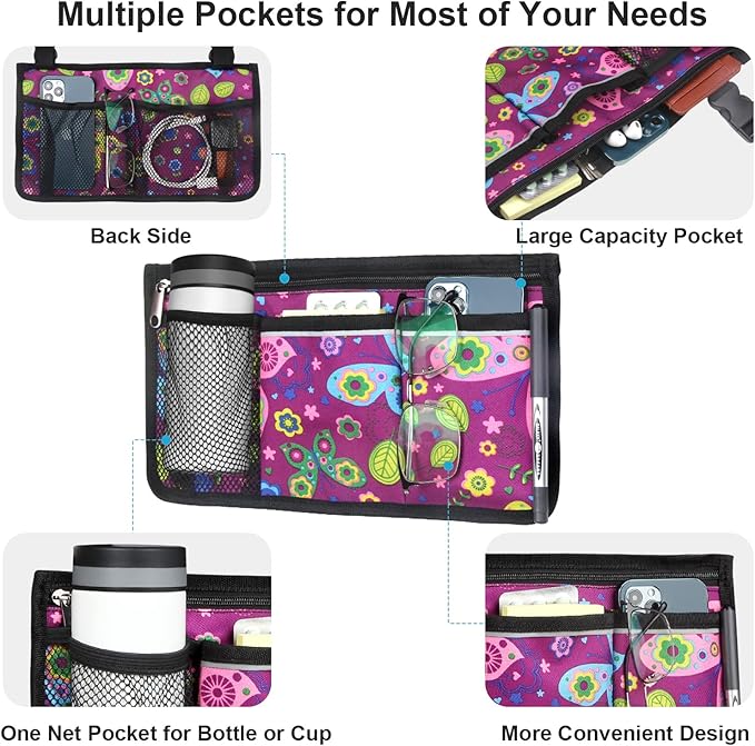 Wheelchair Side Bag, Upgrade Flower Color Wheelchair Armrest Storage Pouch with Cup Holder and Reflective Strip for Most Wheelchairs, Walkers and Rollators (Purple Butterfly)