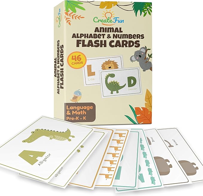 Alphabets and Numbers Animal Flash Cards for Babies, Toddlers, Pre-K, and Kindergarten – Montessori Learning Gift – Uppercase & Lowercase Letters, 123 – 46 Extra Thick Educational Cards