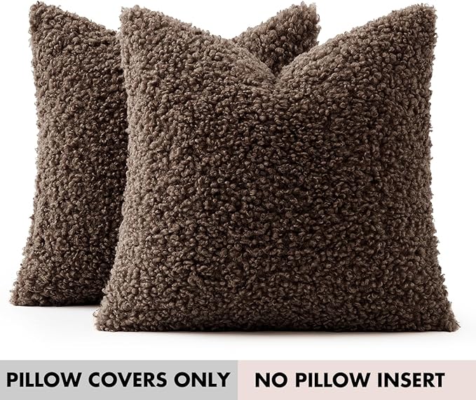 Woaboy Faux Fur Throw Pillow Covers 20x20 Inch Set of 2 Boucle Neutral Decorative Sherpa Fuzzy Accent Soft Sheepskin Fleece Cushions Modern Home Decor for Couch Sofa Bedroom Living Room,Chocolate