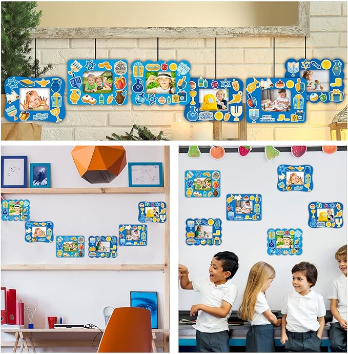 30 Packs Hanukkah Picture Frame Craft Kits for Kids Hanukkah DIY Craft Set with Menorah Dreidel Jewish Festival Stickers Home Classroom Indoor Game Activities