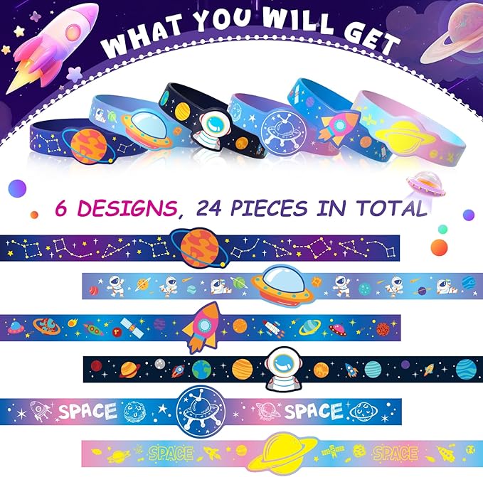 24 Outer Space Party Favors Birthday Supplies Galaxy Astronaut Silicone Bracelets Bulk Kids Boy Girl Toy Gift for Goodie Bag Stuffer Class Prize Christmas Easter Space Themed Party Favors