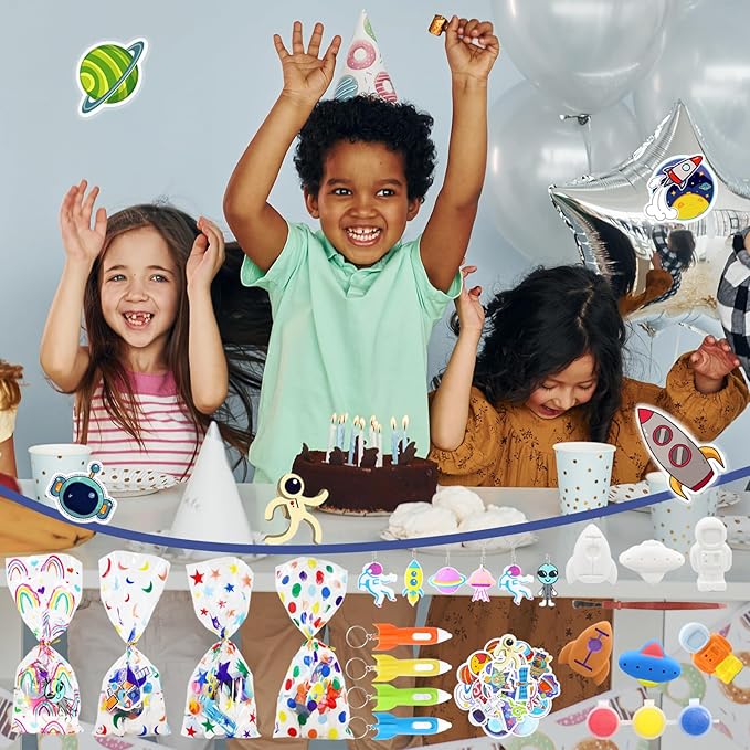 146 pcs Space Party Favors, Hands Slap Bracelets Rocket Keychains Sticker, Space Themed Toys for Kids Painting Kit, Galaxy Theme Bag Fillers for Classroom Prizes Birthday Kids Gift