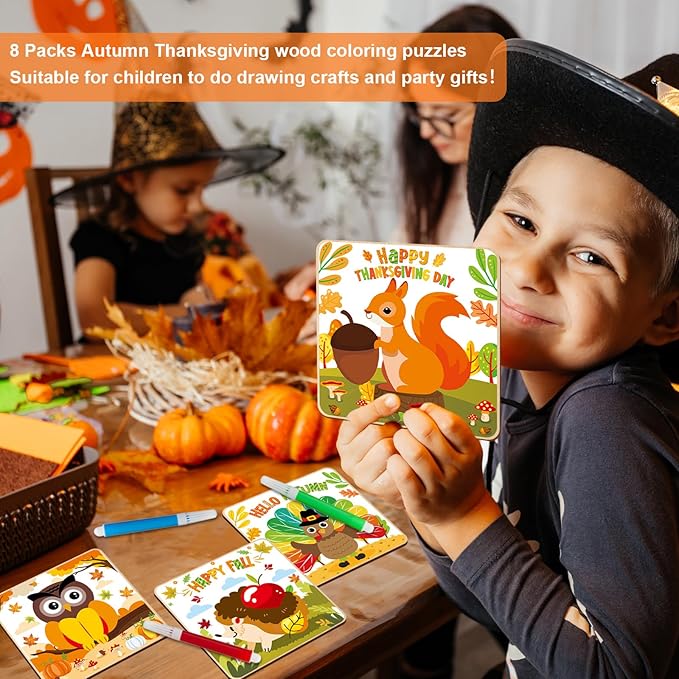 8 Pack Fall Thanksgiving Wooden Puzzles for Toddlers Autumn Puzzles Coloring Craft Kits for Kids Boys Girls Montessori Toys Harvest Party Favors Treat Bag Gifts Educational Learning Jigsaw Puzzle