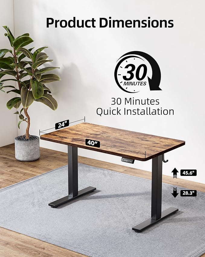 TIQLAB Height Adjustable Electric Standing Desk, 40 x 24 inch, Sit Stand Up Desk, Splice Board, Computer Home Office Desk, Rustic Brown Top