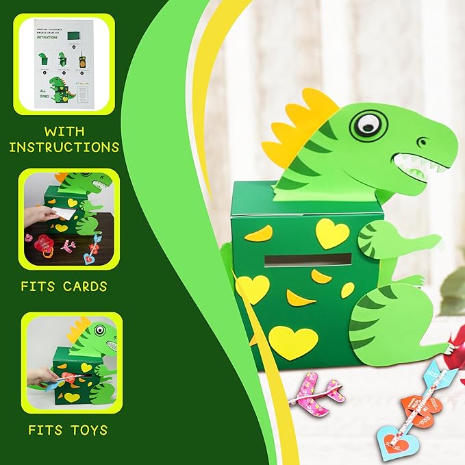4E's Novelty DIY Dinosaur Valentines Card Box Craft Kit - Makes 1 Valentines Day Crafts for Kids, Valentine Mailbox for Classroom Exchange Party Activity Mail Box Crafts for Kids Girls Boys