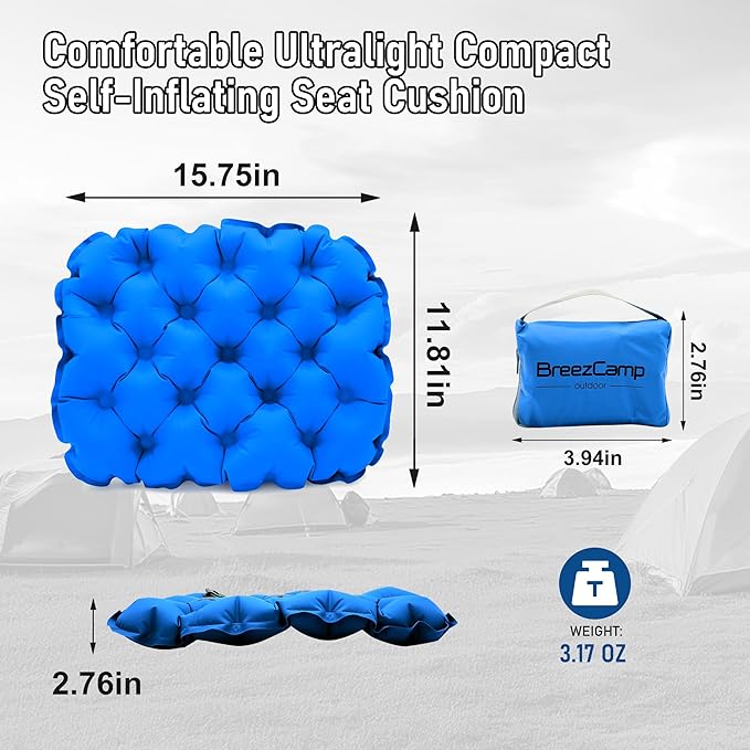 BreezCamp Inflatable Seat Cushion, Lightweight Stadium Seat Pad, Camping Accessories Chair Pad for Airplane Travel, Hiking, Climbing, Home and Office,Blue