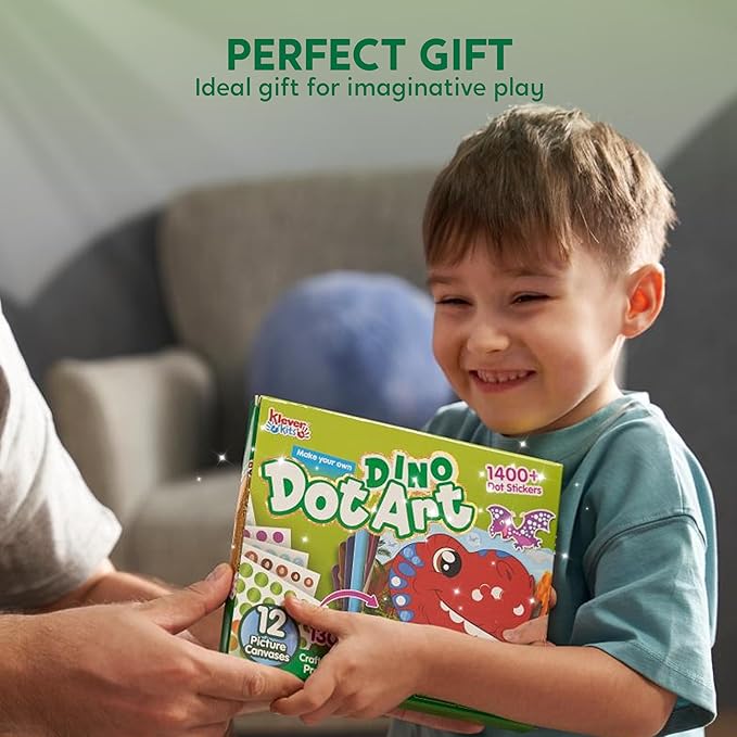 Klever Kits Dot Art Kit for Kids, No Mess Sticker for Toddler 3-7, Craft Kits, DIY Creative Activity, Travel Toy, Birthday Gifts for Boys Girls (Dinosaur)