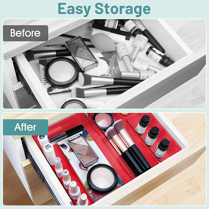 WOWBOX 25 PCS Plastic Drawer Organizer Set, 4 Sizes Desk Drawer Divider Organizers and Storage Bins for Makeup, Jewelry, Gadgets for Kitchen, Bedroom, Bathroom, Office, Clear Red