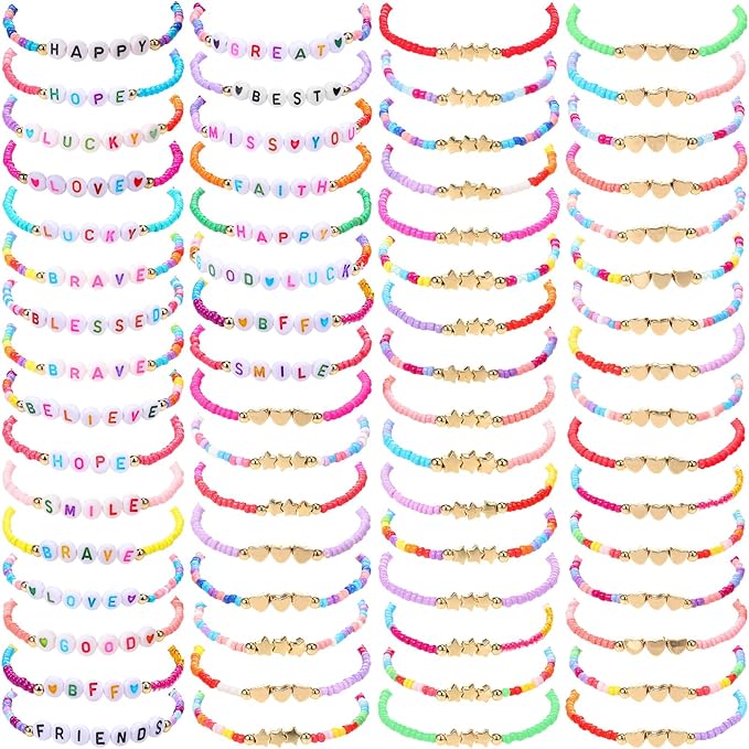 64 Pcs Kids Friendship Beaded Bracelets for Girls Jewelry Letter Beads Bracelets Bulk Colorful Cute Stretchy Rainbow Princess Dress up Gifts(Cute)