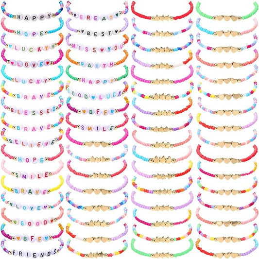 64 Pcs Kids Friendship Beaded Bracelets for Girls Jewelry Letter Beads Bracelets Bulk Colorful Cute Stretchy Rainbow Princess Dress up Gifts(Cute)