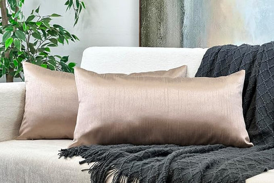 Aiking Home 12x24 Inches Faux Silk Rectangular Throw Pillow Cover, Zipper Closure, Sand (Set of 2)