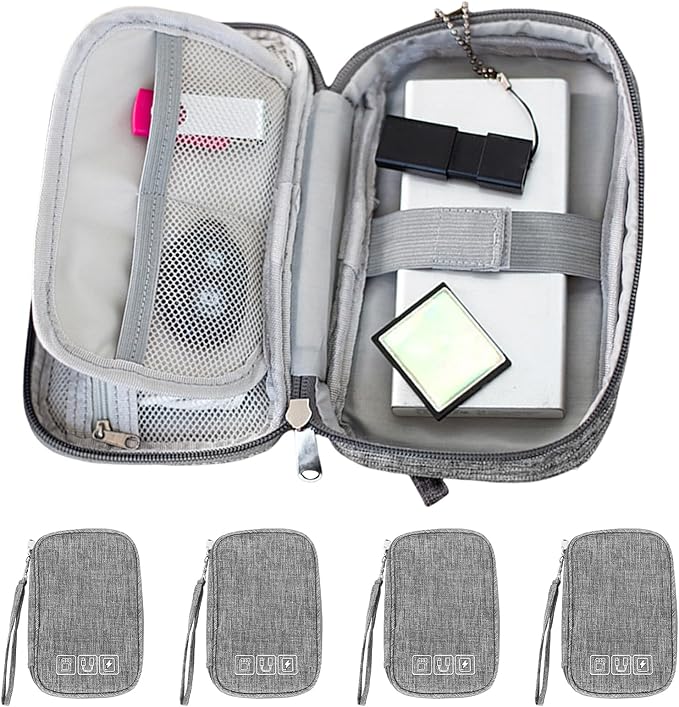 4Pcs Electronic Organizer Travel Case,Waterproof Cord Organizer Travel Cable Organizer Bag Portable Small Travel Tech Storage Pouch for Cord Charger Phone Earphone SD Card Cables Power Bank Card,Grey