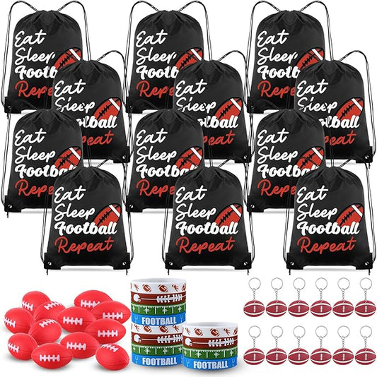 48 Pcs Football Party Favors for Kids Include 12 Football Drawstring Bags, 12 Football Keychain, 12 Silicone Football Bracelets, 12 Mini Stress Ball for Sports Birthday Supplies Decorations
