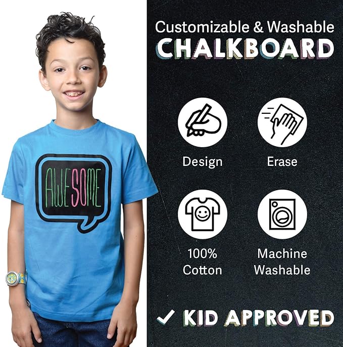 Blue Speech Bubble Chalkboard Short Sleeve T-Shirt Kit for Kids with 3 Markers and 1 Stencil (Youth X-Small)