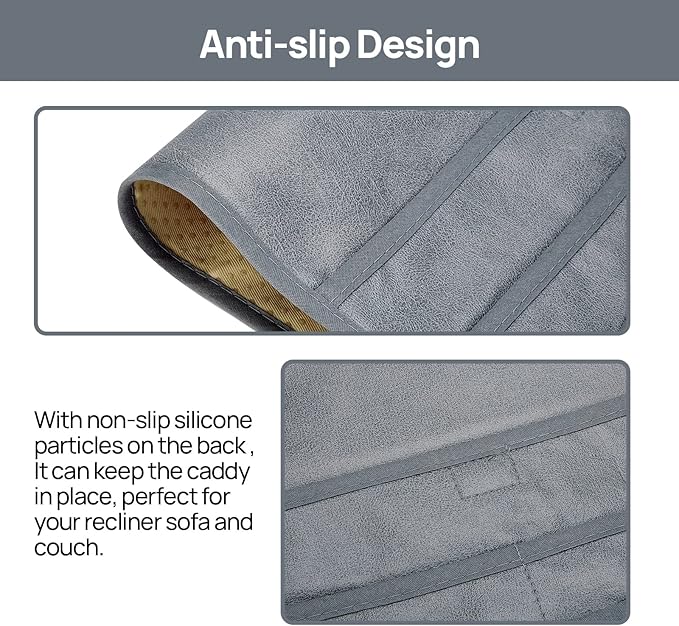 Teniux Remote Control Holder Faux Leather Armrest Organizer with 6 Pockets for Recliner Couch Sofa, Armchair Caddy for Smart Phone, Book, Magazines, Ipad, Remotes (Grey)