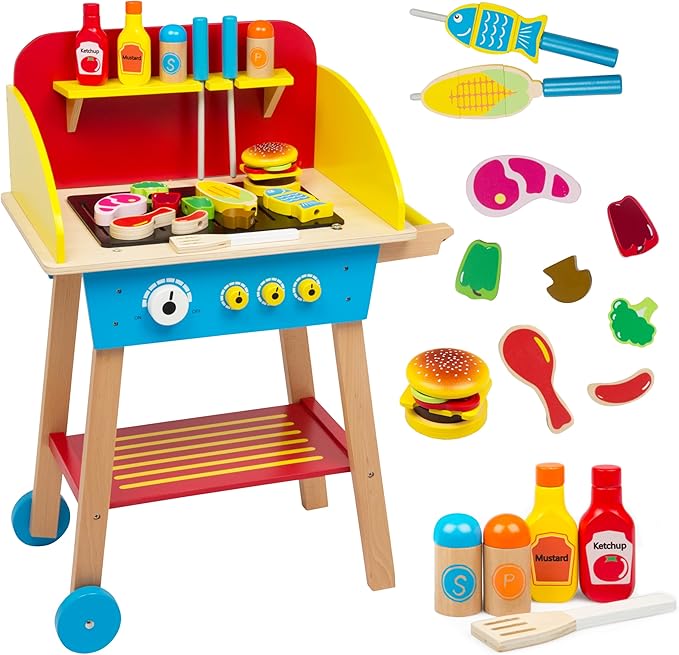 Cook 'N Grill Wood Toy BBQ Set- Pretend Play Wooden Barbeque Food & Grilling Tools for Kids, 30+ Pieces Feat Spatula, Burger & More, Fun Indoor Activity Playset, Daycare, Playroom Centers or Gift