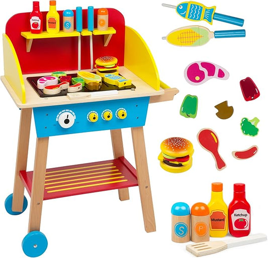 Cook 'N Grill Wood Toy BBQ Set- Pretend Play Wooden Barbeque Food & Grilling Tools for Kids, 30+ Pieces Feat Spatula, Burger & More, Fun Indoor Activity Playset, Daycare, Playroom Centers or Gift