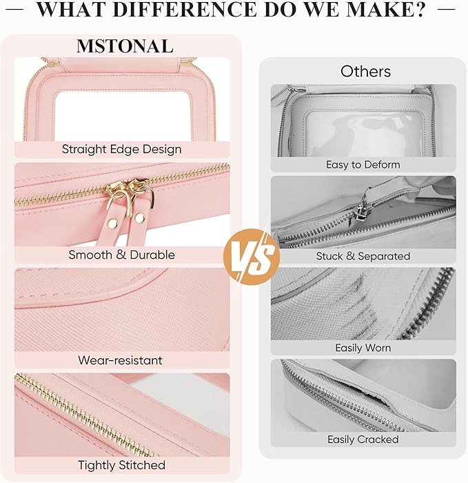 MSTONAL Clear Makeup Bag, Travel Toiletry Bag Cosmetic Case for Women, Waterproof Portable Make Up Skincare Pouch with Zipper, Compact Car Organizer Bag for Essentials, Mini & Medium, Pink