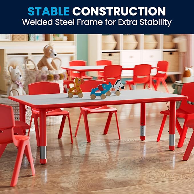 Flash Furniture Wren 23.625''W x 47.25''L Rectangular Red Plastic Height Adjustable Activity Table with Grey Top