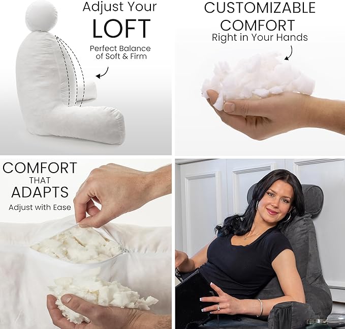 Husband Pillow Medium Aspen Edition Iron Grey, Sit Up Reading & Bed Rest with Arms, Ultra-Comfy, Detach Neck Roll - Premium Shredded Memory Foam Backrest, Reverses to Micro: Suede or Plush