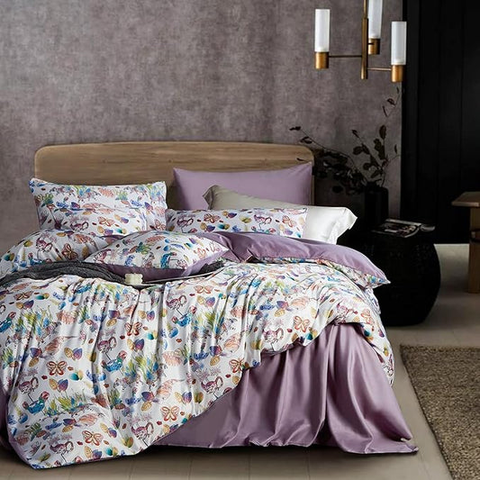 Floral Duvet Cover Set,5 PCS Garden Style Comforter Cover Set,Botanical Flower Butterfly Flamingo Pattern Bedding Set,Duvet Cover Queen,Reversible Design(Spring,Queen)