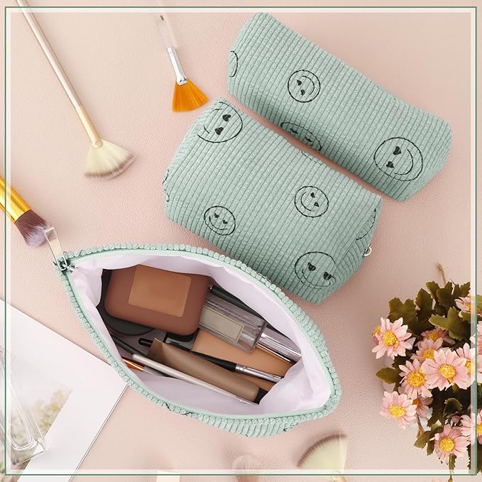 Huhumy 3 Pcs Makeup Bag Set for Women Corduroy Cosmetic Pouch Aesthetic Smile Travel Toiletry Bag Cute Purse Pouch Pencil Case Makeup Brushes Storage Organizer for Valentine(Gray,Solid Style)