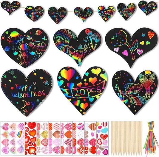 120 Pieces Valentines Day Craft Bulk for Kids Heart Scratch Paper Art with Rainbow Colors Valentine Scratch Cards,120 Heart Cards,120 Scratch Sticks,120 Ribbons, 20 Stickers
