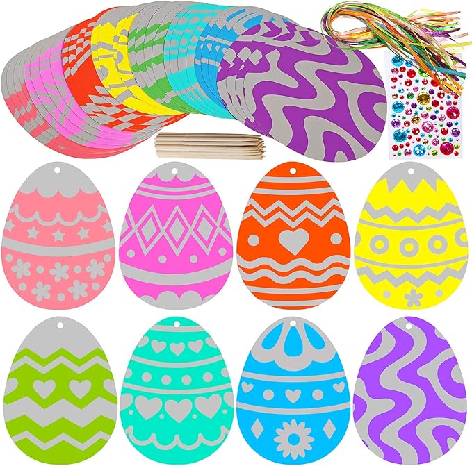 32 Sets Magic Color Scratch Art Easter Egg Ornaments Decorations DIY Easter Craft Kits Scratch Paper Easter Egg Scratching Tools for Kids Party Favors Easter Spring Classroom Home Activity Art Project