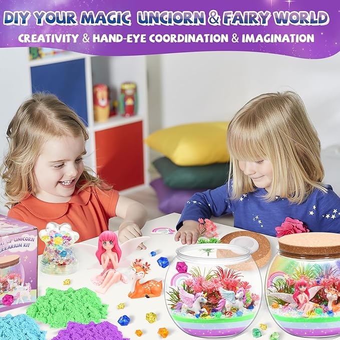 2 Theme in 1 Jar Light Up Unicorn Terrarium Kit & Night Light Fairy Terrarium Kit Creativity DIY Aarts Crafts for Girls Toys Ages 4 5 6 7 8 Year Old Girl Birthday Gifts