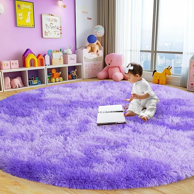 Xexsin Round Fluffy Rugs 6Ft for Girls Bedroom, Tie-Dyed Purple Shag Circle Kids Rug Non-Slip for Bedside Dorm Nursery Playroom, Soft Cute Area Rugs for Living Room Decor