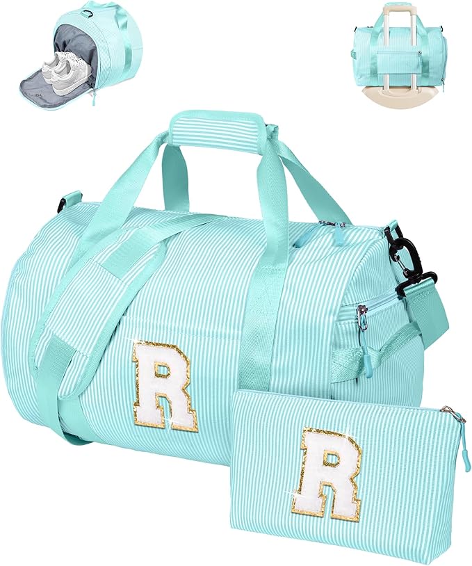 10 Year Old Girl Birthday Gifts, Girls Travel Duffle Bag, Kids Initial Overnight Bags with Shoe Compartment, Personalized Weekend Bag with Cosmetic Pouch, Holiday Gift for Kid (Letter R)