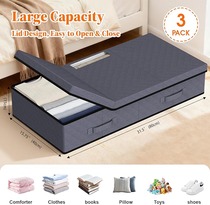 Under Bed Storage Containers with Lids - 3 Pack, Foldable and Stackable Clothes Storage Bags with Clear Window, 3-Sided Handles and Label Slot for Clothing, Blankets, Pillows (Grey)