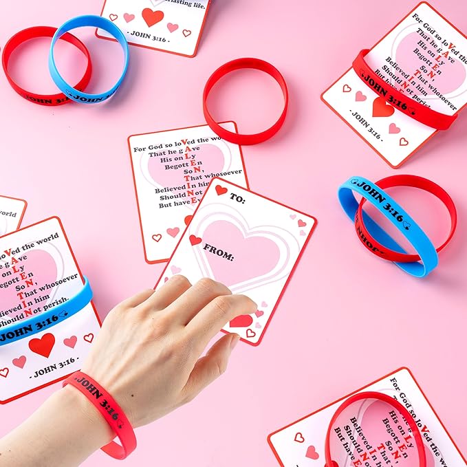 JOYIN 56 Pcs Valentine’s Day Silicone Bracelet with Cards, John 3:16 Rubber Bracelet Valentine Gift, Party Favor Supplies, Classsroom Exchange Prizes, Holiday Reward Gifts