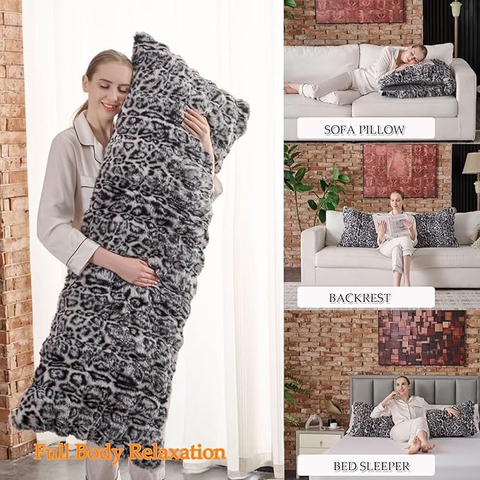 20x54 Fluffy Leopard Print Body Pillow,Cheetah Print Plush Fuzzy Faux Fur Body Pillows,Shaggy Furry Long Pillow for Pregnancy Women Side Sleeper,Snow Leopard