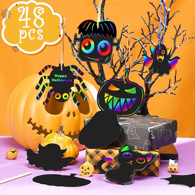 FEBSNOW Halloween Crafts for Kids, Magic Rainbow Halloween Scratch Art Paper Cards Halloween Tree Hanging Ornaments Halloween Gifts for Kids Holiday Party Favors Games (Halloween)