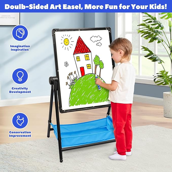 Kids Art Easel Double-Sided Easel Designed with Height Adjustable Function & Large Storage Bag Whiteboard & Chalkboard 360°Rotating Kids Drawing Easels for Kids Toddlers (26inch-43inch)