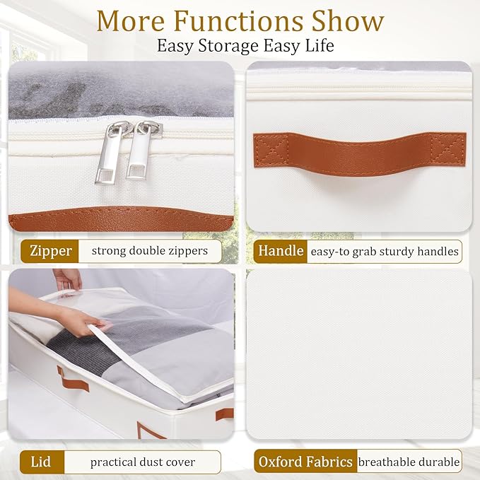 Yawinhe Under Bed Storage Containers, 4 Pack, Bin with Lids, Collapsible Closet Organizers, with Sorting Card Slot and 4 Leather Handles, for Blanket, Bedding, 31.5''Lx15.7''Wx6''H, Beige