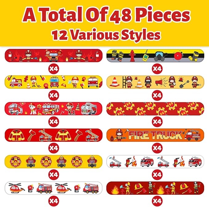 48 PCS Fire Truck Slap Bracelets Party Favors Firefighter Wristbands Bracelets Goodie Bag Fillers for Fire Truck Birthday Decorations Supplies for Class Reward Prizes Gift for Kids Party Favors
