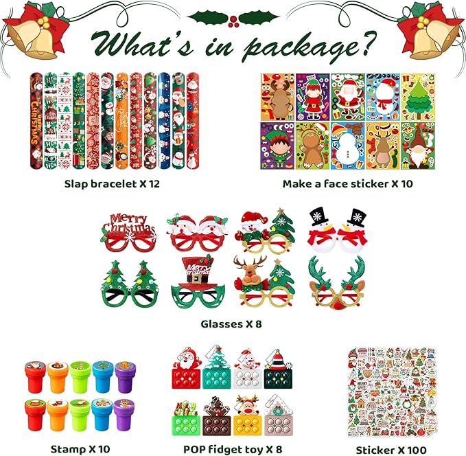 148 Pcs Christmas Party Favors, Glitter Glasses, Pop Fidget Toys Keychain, Make a Face Sticker, Assorted Stamps Self-Ink Stamper, Slap Bracelet, Christmas Sticker, Christmas Toy Gift for Kid