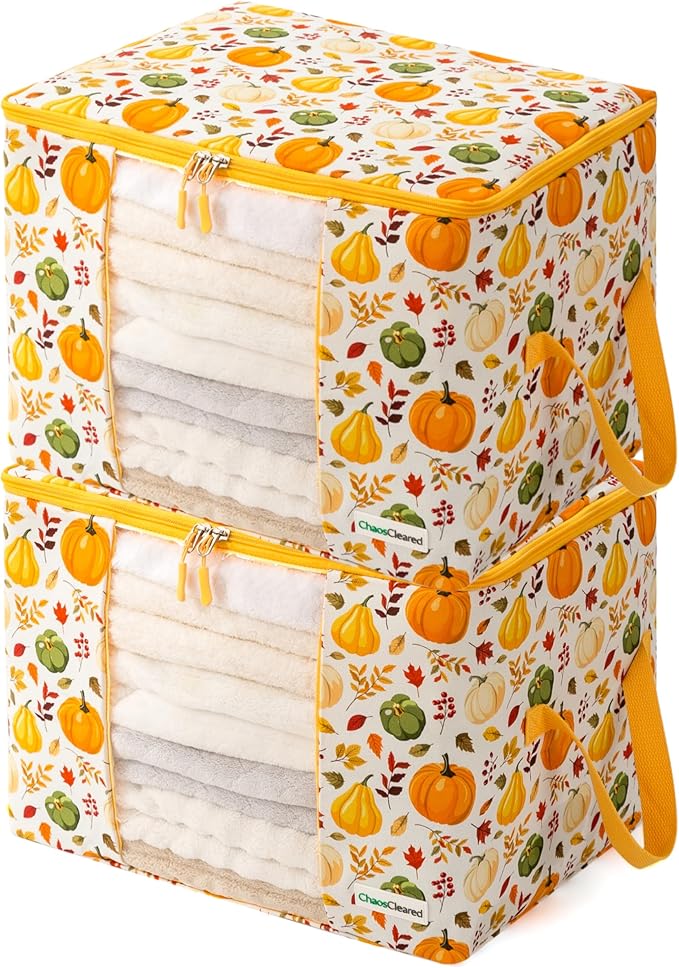 Canvas Storage Bags Designer Organizer 2 Pack – Seasonal Storage for Sweaters, Blankets, Linens & Garments – Foldable Design with Zip & Window, Moth-Proof Space Saver, Pumpkin Print